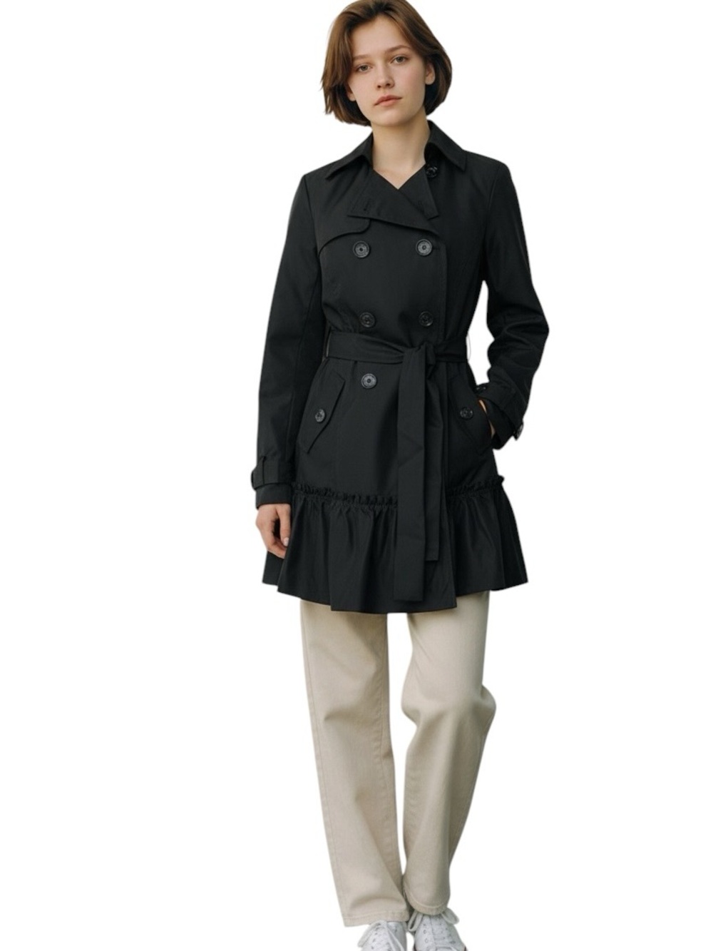 Sandro Black Double-Breasted Trench Coat Size Medium Jacket - Picture 3 of 17